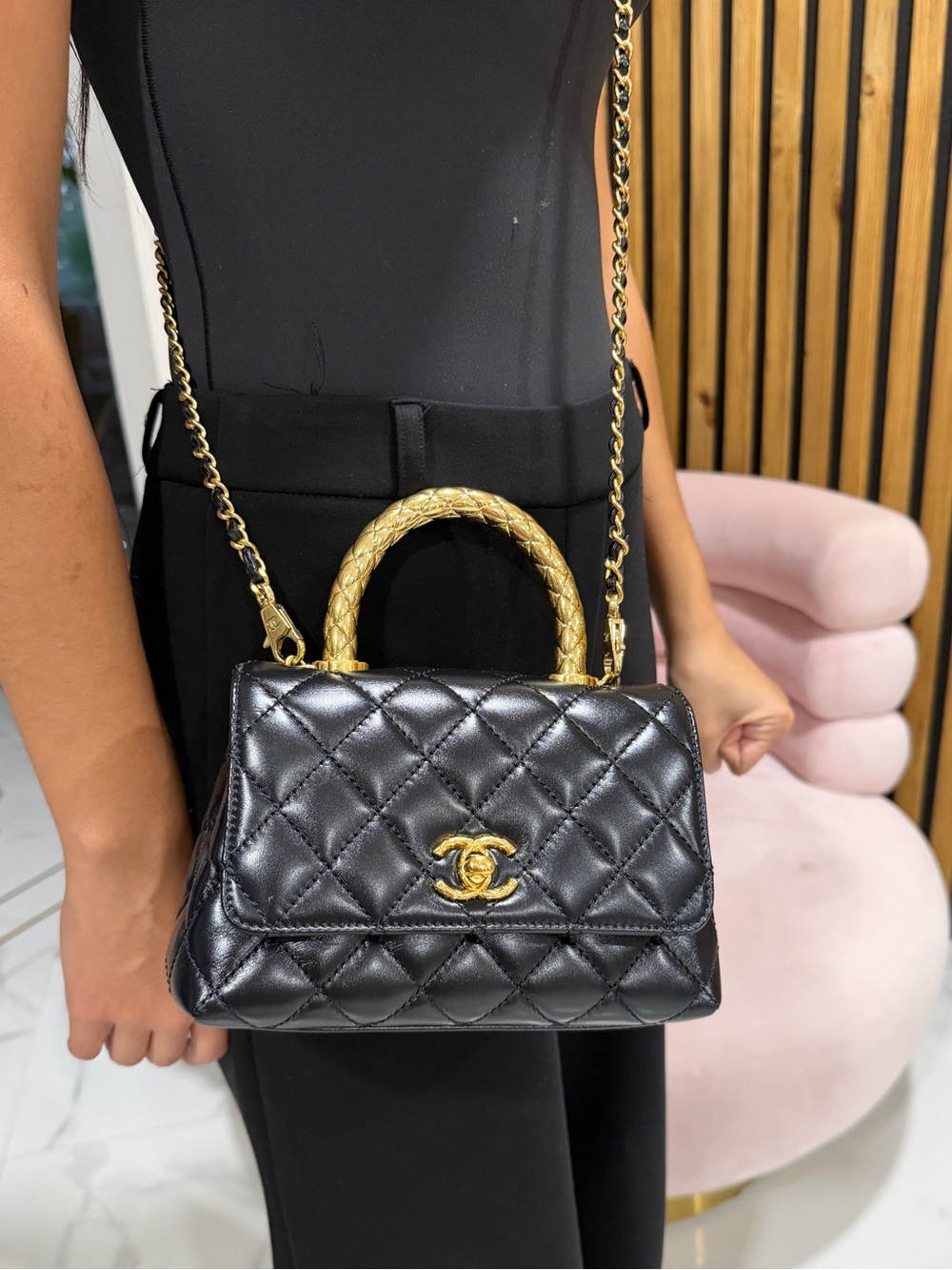 CHANEL Shiny Calfskin Quilted Mini Coco Chain Gold Handle Flap Black Bag - Picture 14 of 16